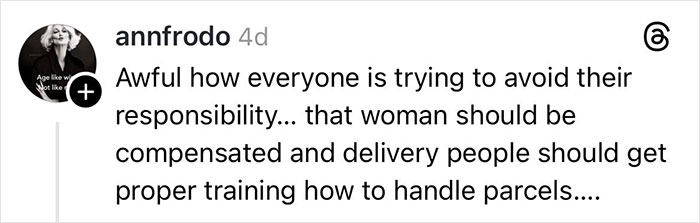 Social media comment discussing a woman claiming her Christmas gift was shattered due to delivery driver mishandling parcels. Social media comment discussing a woman claiming her Christmas gift was shattered due to delivery driver mishandling parcels.