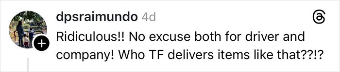 Comment criticizing delivery driver and company for mishandling Christmas gift, expressing frustration with broken item delivery. Comment criticizing delivery driver and company for mishandling Christmas gift, expressing frustration with broken item delivery.