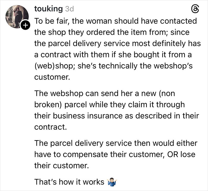 Comment explaining the process of compensation for a woman whose Christmas gift got shattered by a delivery driver. Comment explaining the process of compensation for a woman whose Christmas gift got shattered by a delivery driver.