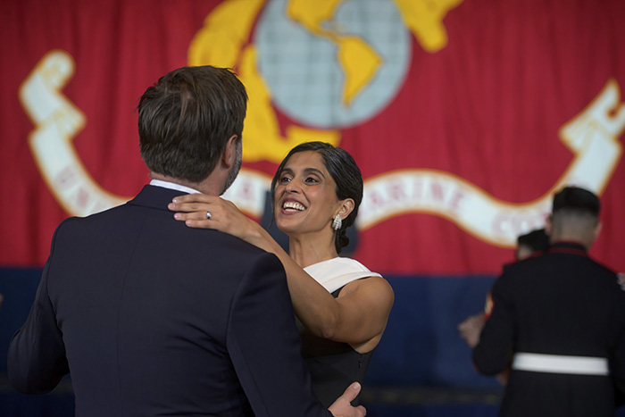 Usha Vance smiling and dancing with JD Vance at a formal event amid marriage and public speculation.