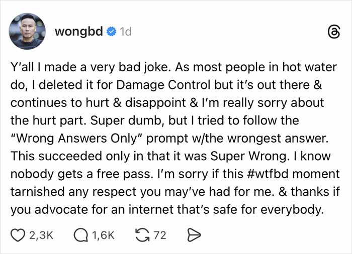 BD Wong issues groveling apology on social media after racist comment meant as a joke sparks backlash. BD Wong issues groveling apology on social media after racist comment meant as a joke sparks backlash.