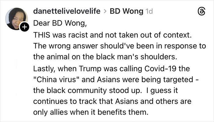 Social media post addressing BD Wong's racist comment apology related to Jurassic World star controversy. Social media post addressing BD Wong's racist comment apology related to Jurassic World star controversy.