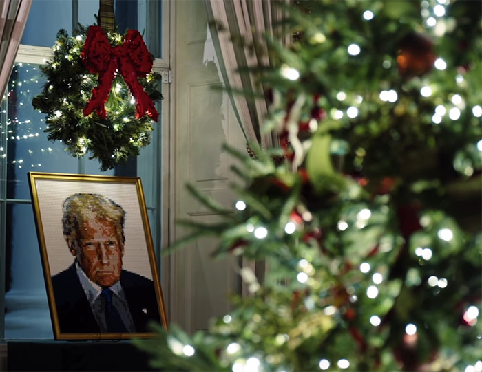 Framed pixel art portrait of Donald Trump with a Christmas wreath featuring a red bow in a festive setting. Framed pixel art portrait of Donald Trump with a Christmas wreath featuring a red bow in a festive setting.