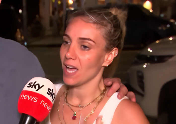 Woman speaking to Sky News reporter about terrifying moment woman takes a bullet for 3YO daughter at Bondi Beach attack