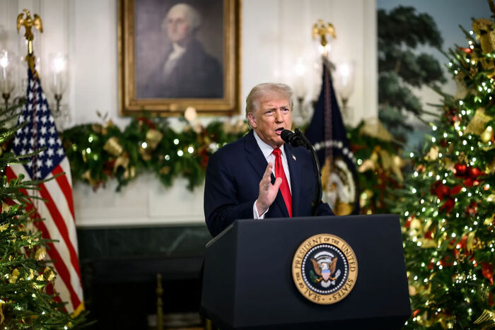 Former President Trump speaking at a holiday event, sparking outrage over demented comments about Bad Santa to kids.