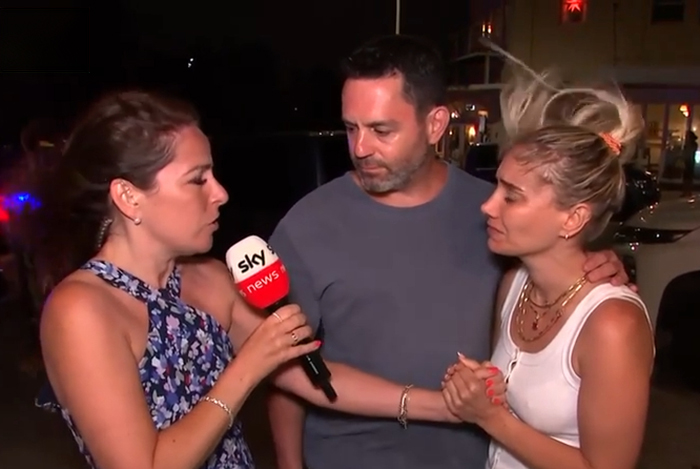 Reporter from Sky News interviewing a man and woman about Bondi Beach attack where woman protects 3-year-old daughter.