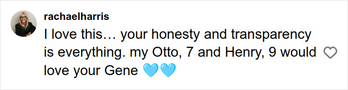 Comment praising honesty and transparency, mentioning children Otto and Henry, related to plastic surgeon perspective on wrinkle-free photos.