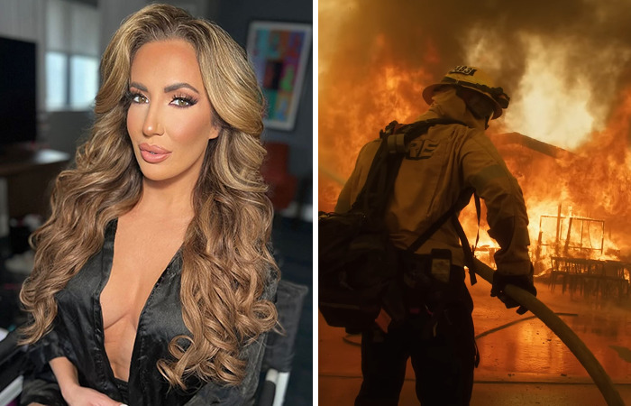 Portrait of an adult star with long wavy hair paired with a firefighter battling a large raging fire scene.