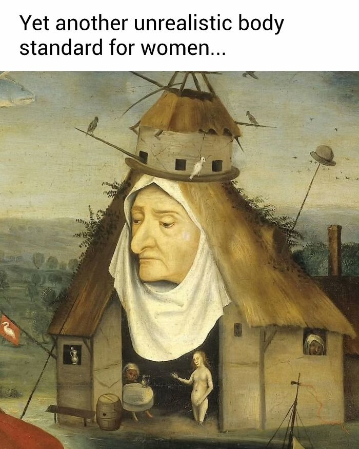 Surreal classical painting depicting a house with an elderly woman’s face, cleverly captioned for Instagram humor.