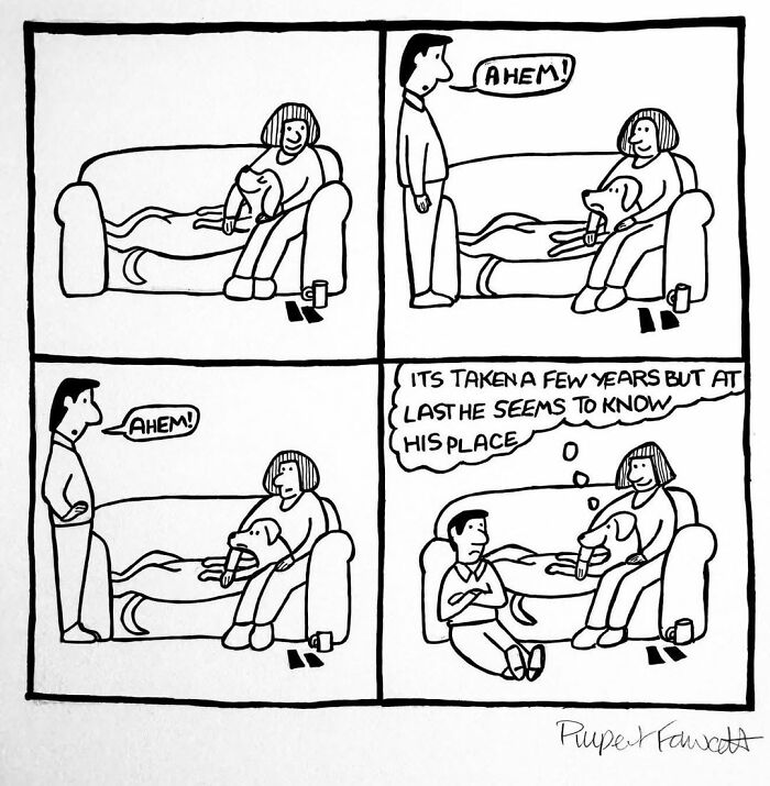 Comic strip showing a dog sitting on a couch with a woman while a man is told the dog knows his place, living with dogs humor.