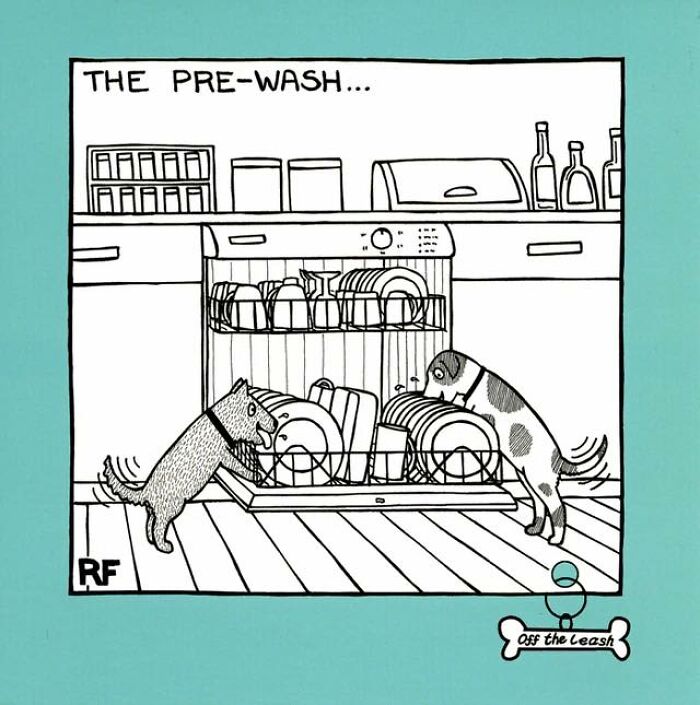 Two dogs playfully inspecting dishes in a dishwasher depicting life moments of living with dogs comics.