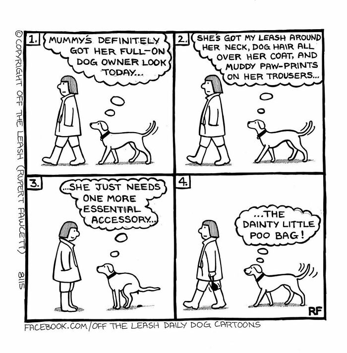 Comic strip showing a dog and owner, humorously depicting life living with dogs and their daily routines.