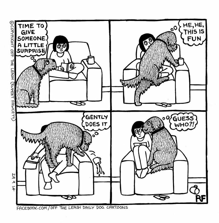 Black and white comic showing a dog playfully surprising its owner, illustrating living with dogs in humorous daily moments.
