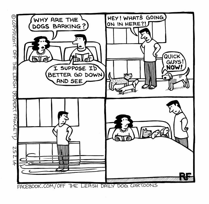 Black and white comic showing dogs barking and hiding under the bed, illustrating life living with dogs in a humorous way.