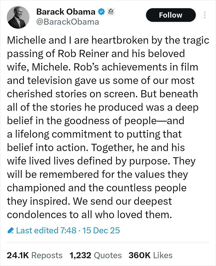 Barack Obama tweet expressing heartbreak over Rob Reiner tragedy and Michelle Obama's response after Trump’s false claims. Barack Obama tweet expressing heartbreak over Rob Reiner tragedy and Michelle Obama's response after Trump’s false claims.