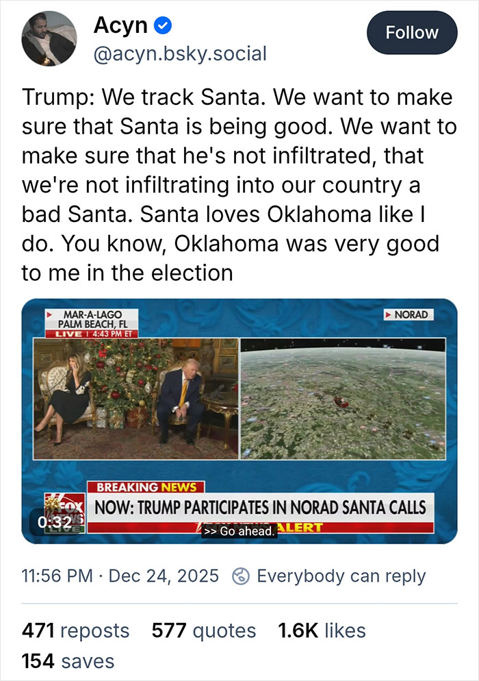 Trump discussing tracking Santa and concerns about bad Santa infiltration during a NORAD Santa call event. Trump discussing tracking Santa and concerns about bad Santa infiltration during a NORAD Santa call event.