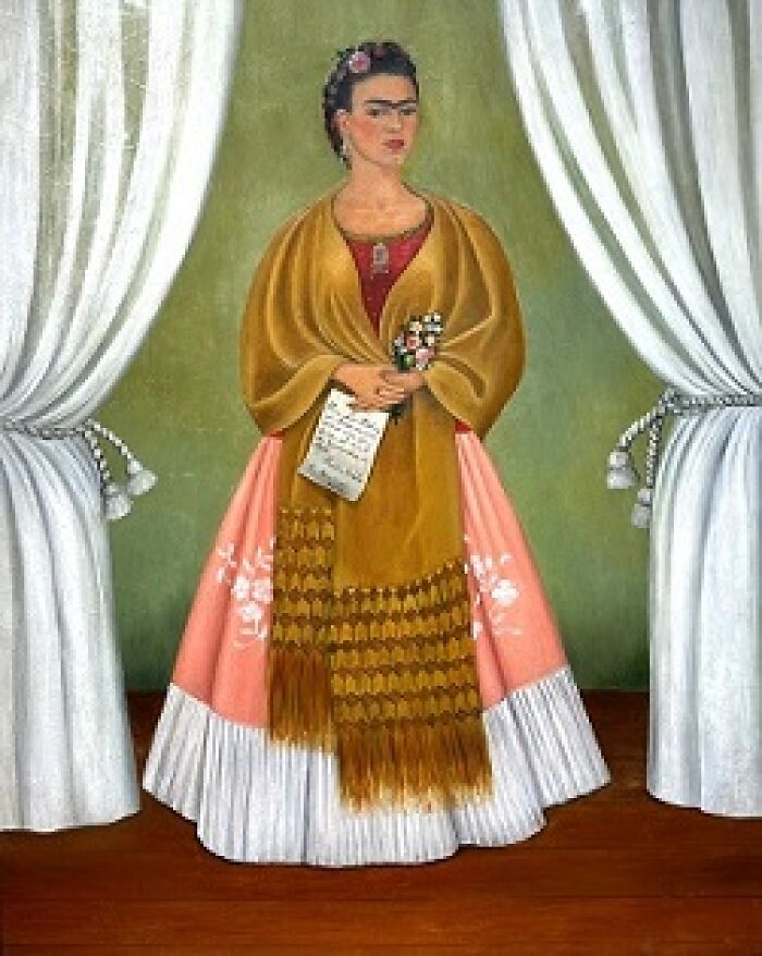 Painting of a woman in traditional attire holding flowers and a note, illustrating people share historical facts unknown until recently.