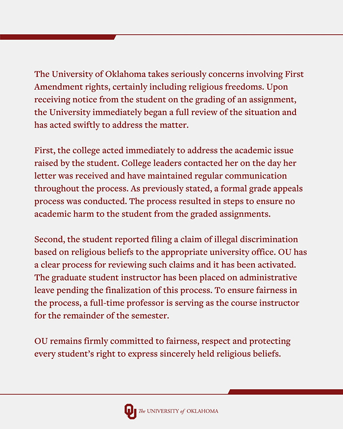 University of Oklahoma statement on student complaint and review of essay grading that led to trans instructor removal. University of Oklahoma statement on student complaint and review of essay grading that led to trans instructor removal.
