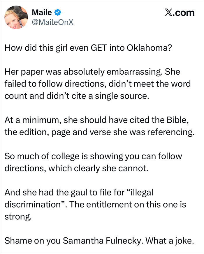 Tweet screenshot discussing a student's essay that contributed to a trans instructor being removed from university. Tweet screenshot discussing a student's essay that contributed to a trans instructor being removed from university.