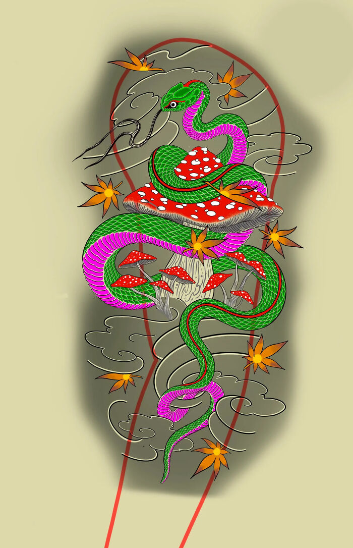 Psychedelic tattoo design featuring a vibrant green and purple snake coiled around red mushrooms with floating orange leaves. Psychedelic tattoo design featuring a vibrant green and purple snake coiled around red mushrooms with floating orange leaves.