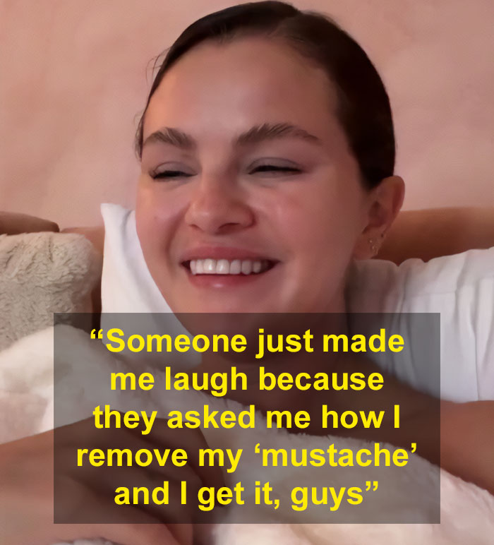 Selena Gomez smiling in a casual setting, sharing a humorous response about removing her mustache. Selena Gomez smiling in a casual setting, sharing a humorous response about removing her mustache.