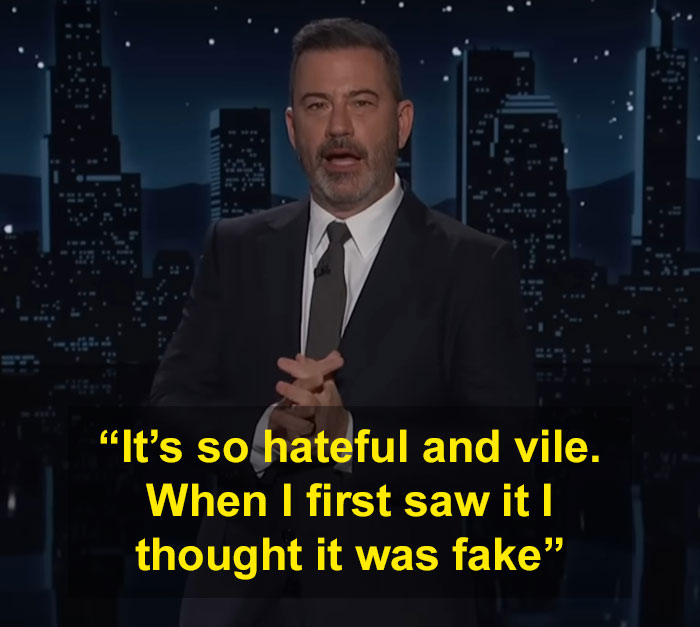 Jimmy Kimmel speaking on stage about Donald Trumps hateful and vile comments on Rob Reiner during a nighttime show. Jimmy Kimmel speaking on stage about Donald Trumps hateful and vile comments on Rob Reiner during a nighttime show.