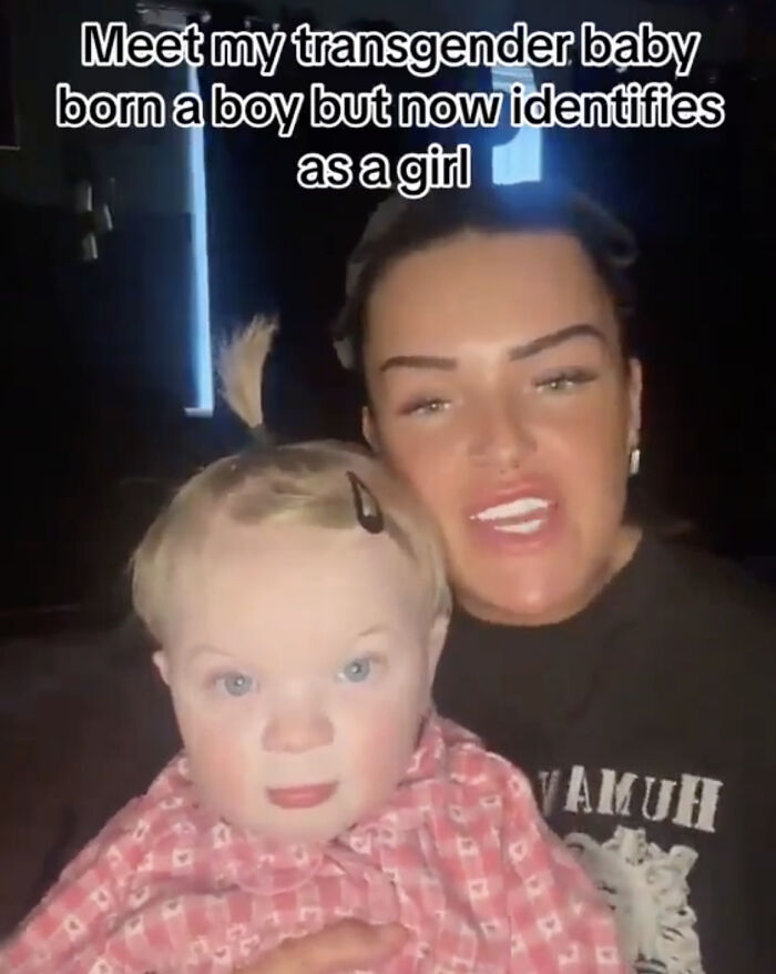 Mother holding child with a caption about transgender baby identifying as a girl, sparking online backlash and disturbing reactions.