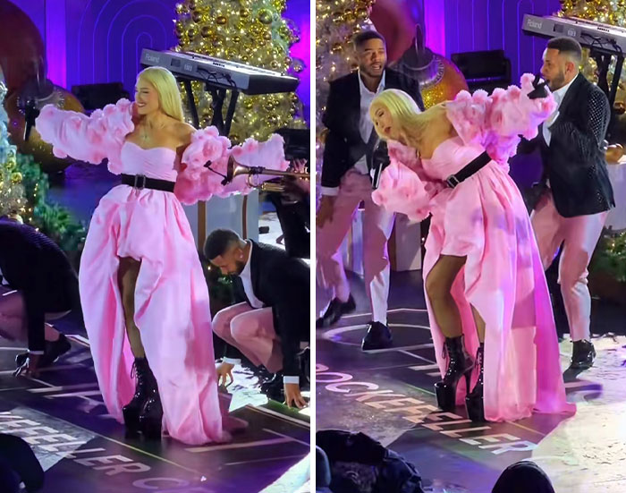 Gwen Stefani performing at Rockefeller Tree Lighting in a bold pink gown sparking controversy over her outfit choice. Gwen Stefani performing at Rockefeller Tree Lighting in a bold pink gown sparking controversy over her outfit choice.