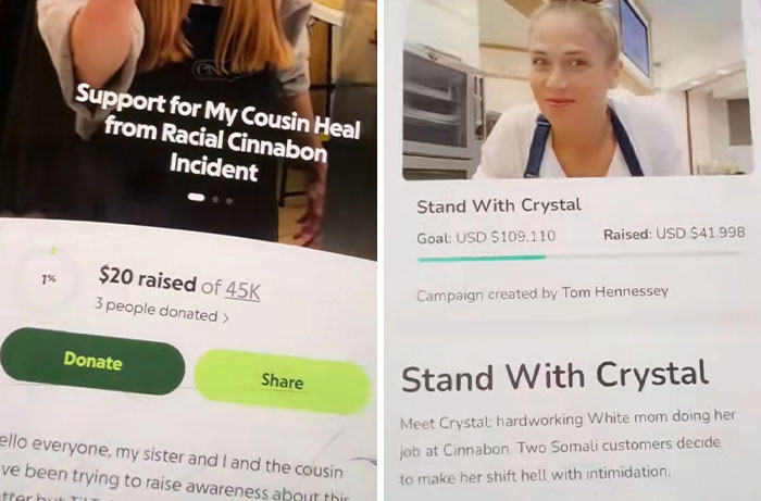 Fundraising campaigns supporting Cinnabon worker amid racial controversy involving Somali couple incident. Fundraising campaigns supporting Cinnabon worker amid racial controversy involving Somali couple incident.