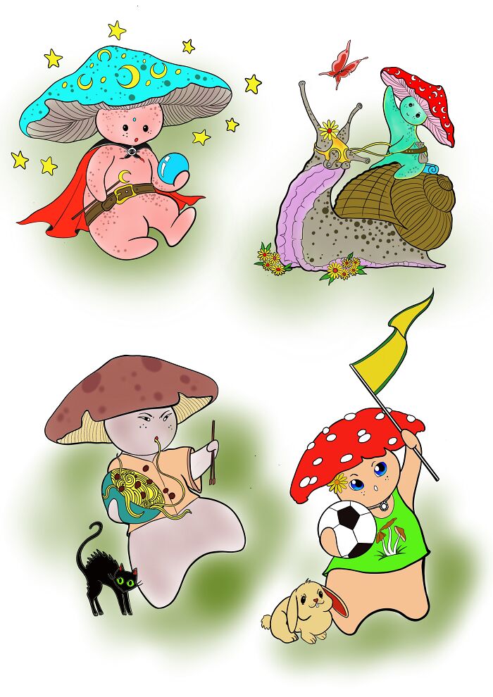 Colorful psychedelic tattoos featuring mushroom characters with whimsical elements including stars, animals, and playful accessories. Colorful psychedelic tattoos featuring mushroom characters with whimsical elements including stars, animals, and playful accessories.