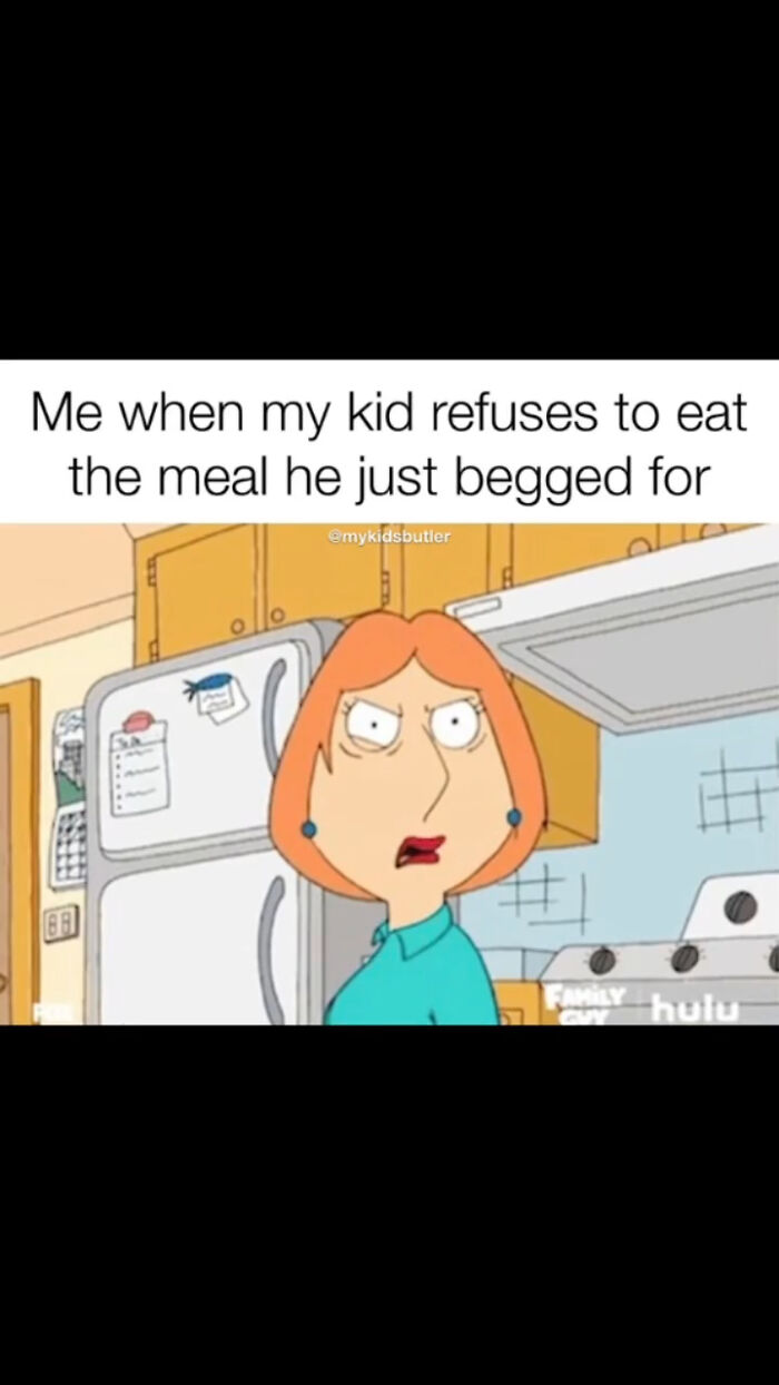 Animated meme of a frustrated parent in a kitchen, illustrating funny and savage parenting memes about kids refusing food.