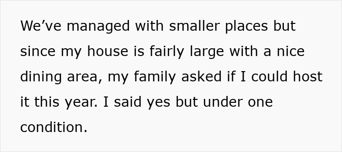 Text excerpt about hosting Christmas dinner with lazy relatives refusing to bring food, leading to pizza or no meal.