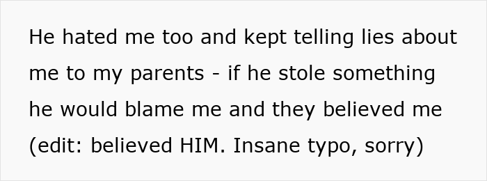 Text excerpt showing a person describing how their gay bro treated sis like dirt by lying and blaming her to their parents.