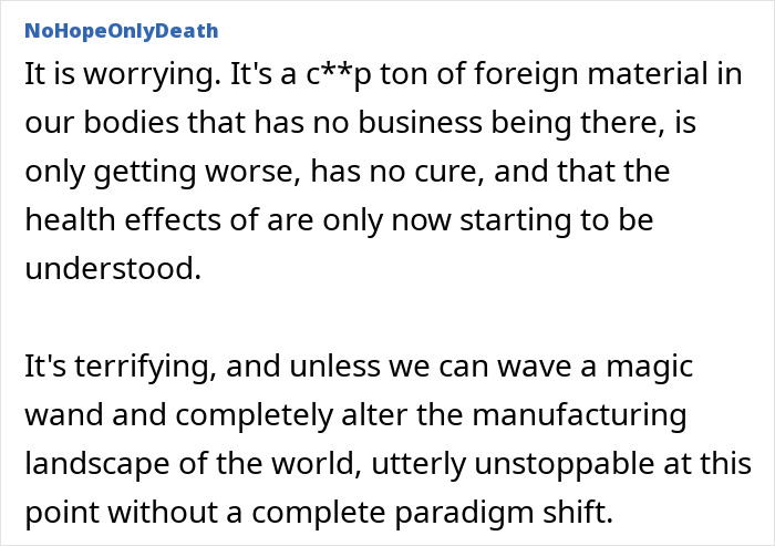 Comment expressing concern about microplastics discovered in bone tissue and their health effects worsening. Comment expressing concern about microplastics discovered in bone tissue and their health effects worsening.
