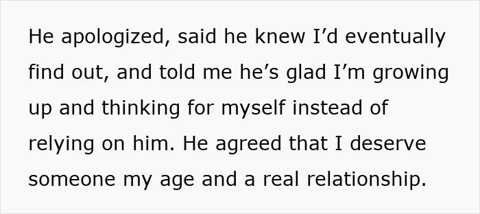 Text excerpt showing a 50YO guy apologizing to his 22YO girlfriend after lying about his age in a relationship. Text excerpt showing a 50YO guy apologizing to his 22YO girlfriend after lying about his age in a relationship.