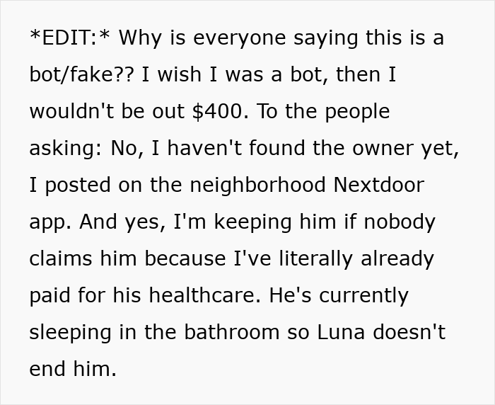 Alt text: Person explains paying bills for a cat they found and keeping the cat after not finding the owner on a neighborhood app. Alt text: Person explains paying bills for a cat they found and keeping the cat after not finding the owner on a neighborhood app.