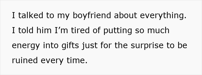 Text dialogue about a boyfriend tired of gift surprises being ruined, related to a guy wanting a PS5 for Christmas.