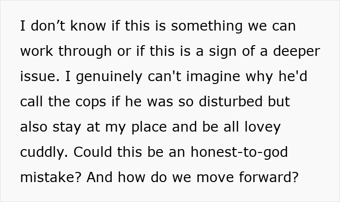 Text conversation expressing confusion over boyfriend calling police about novel content while being affectionate, seeking internet advice.