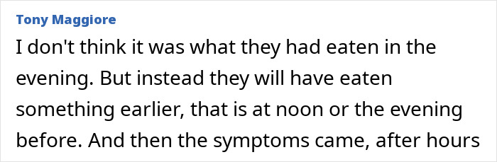 Comment by Tony Maggiore discussing the timeline of symptoms after eating a fatal Christmas dinner in an Italian town on alert.