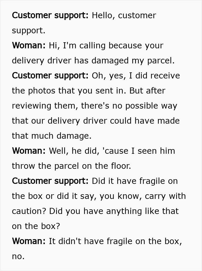 Customer support and woman discuss delivery driver damaging Christmas gift parcel after footage shows mishandling during delivery. Customer support and woman discuss delivery driver damaging Christmas gift parcel after footage shows mishandling during delivery.