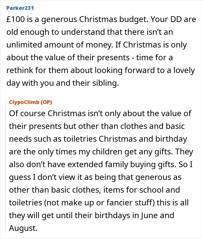 Screenshot of a forum discussion about a man promising to contribute $400 per kid for Christmas then changing his mind. Screenshot of a forum discussion about a man promising to contribute $400 per kid for Christmas then changing his mind.