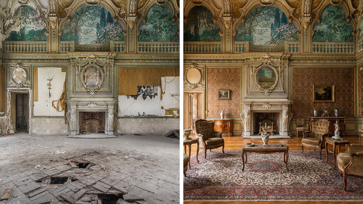 Side-by-side images of an abandoned ornate room and its AI-restored version showing time-destroyed details rebuilt.