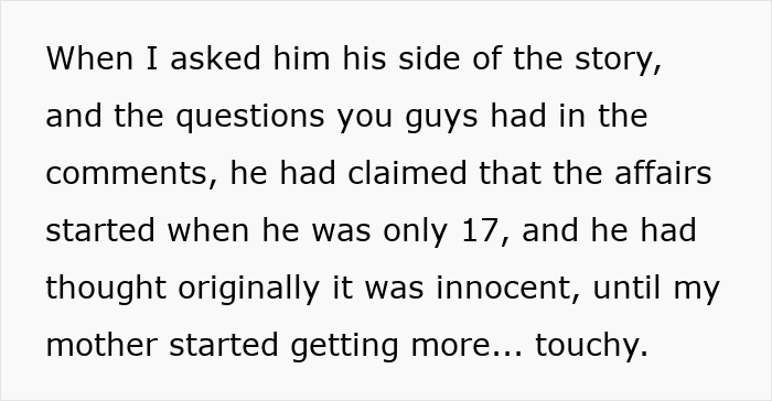 Text excerpt discussing groom’s affair starting at age 17 and claims about innocence, related to bride learning groom cheated with her mom. Text excerpt discussing groom’s affair starting at age 17 and claims about innocence, related to bride learning groom cheated with her mom.