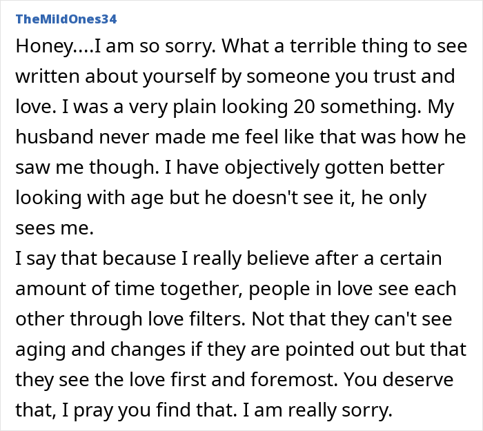 Text post expressing sympathy for a woman who found secret texts of fiancé worrying about her appearance before wedding photos. Text post expressing sympathy for a woman who found secret texts of fiancé worrying about her appearance before wedding photos.