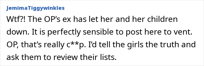 Comment about a man promising $400 per kid for Christmas, then changing his mind, causing mom to panic.