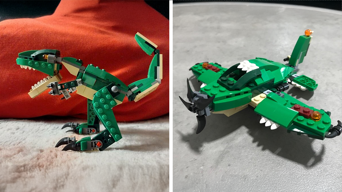 Green buildable dinosaur and airplane toys made of interlocking bricks, affordable toys under $20 with fun designs.