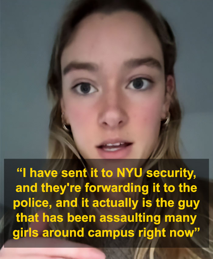 Young woman discussing viral video that exposed serial creep involved in NYU shove incident and campus assaults. Young woman discussing viral video that exposed serial creep involved in NYU shove incident and campus assaults.