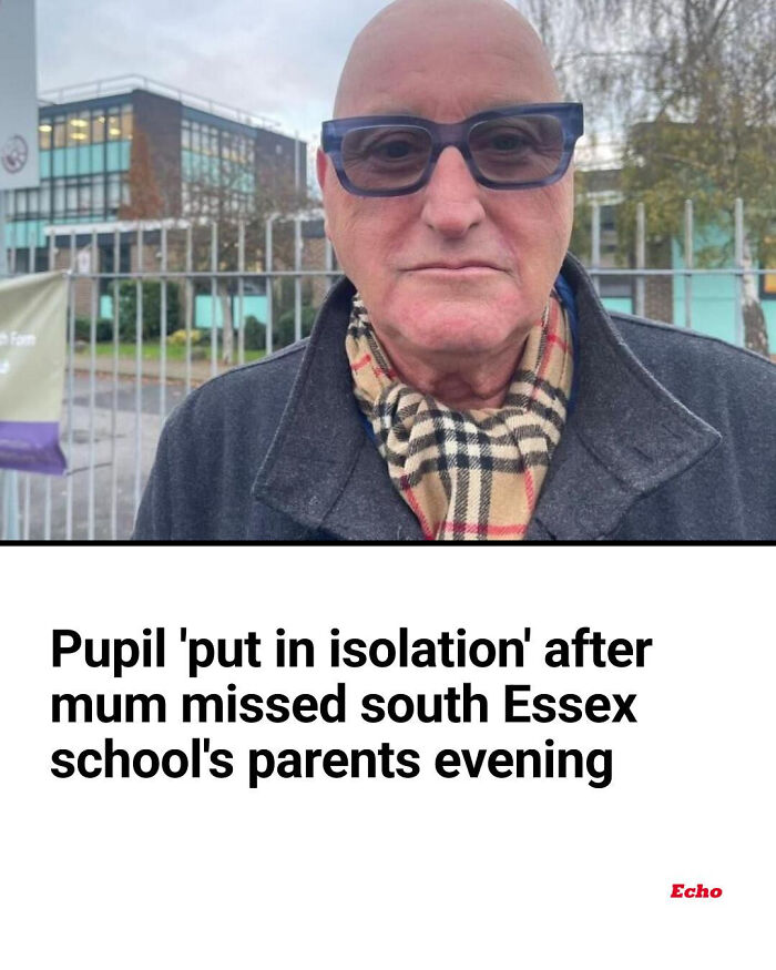 Man wearing glasses and a checkered scarf next to a headline from a local newspaper showing unusual news stories.