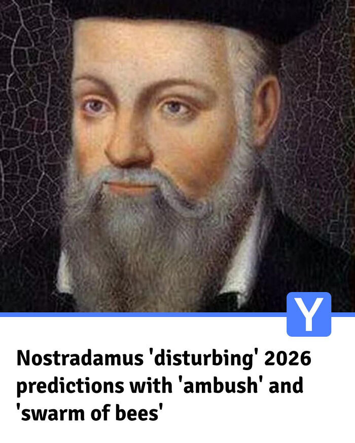 Portrait of Nostradamus with text about disturbing 2026 predictions, related to local newspaper titles world going mad.