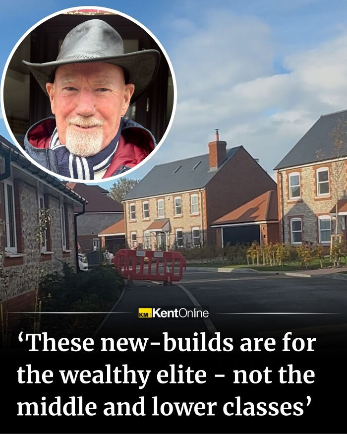 Man in a leather hat inset over a street of new-build houses featured in local newspaper titles about housing issues.